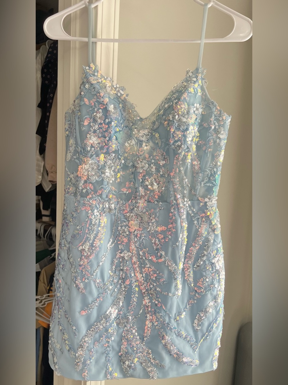 Light Blue Sequin Mini Dress with Spaghetti Straps